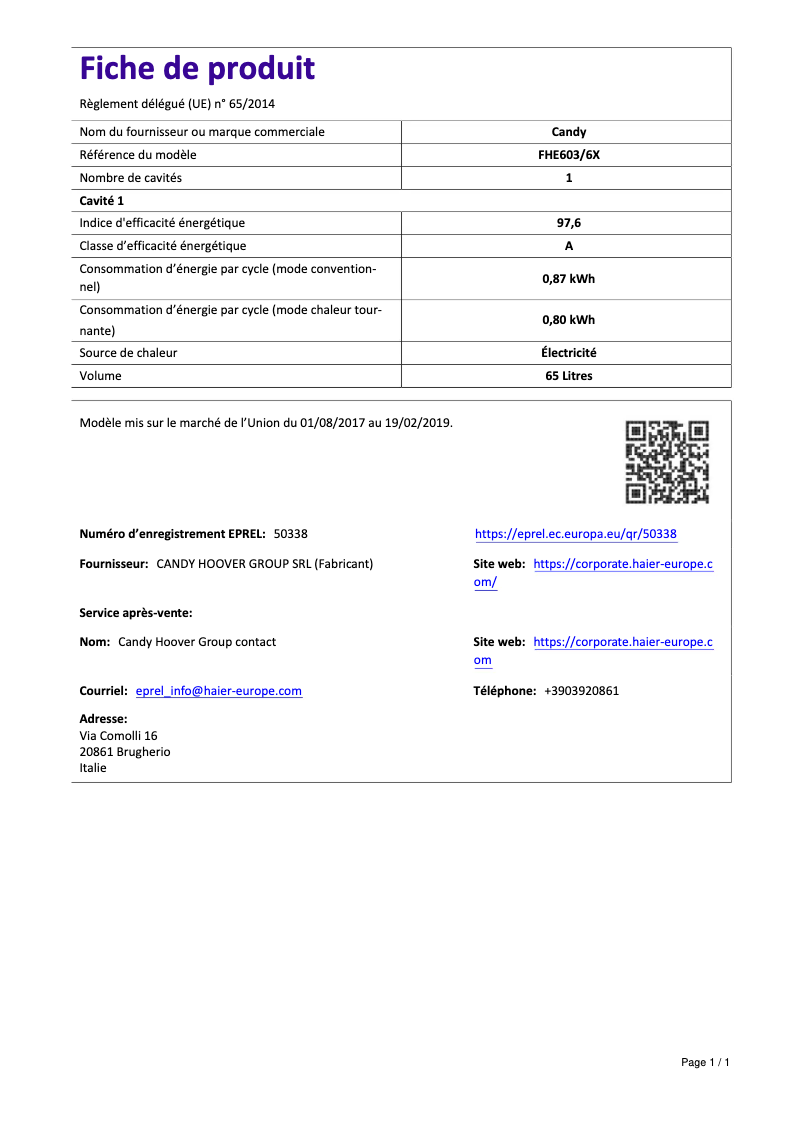 Page n°1 - Manuel utilisateur Candy FHE603/6X