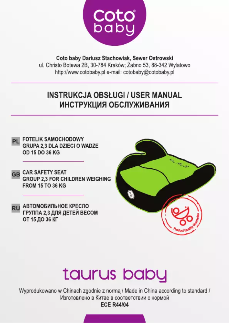 Page 1 de la notice Manuel utilisateur Coto Baby Taurus