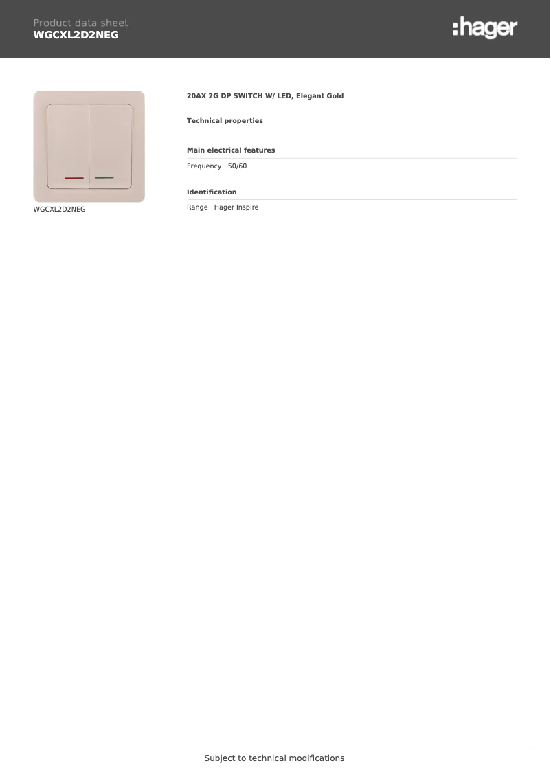 Page n°1 - Fiche technique Hager WGCXL2D2NEG