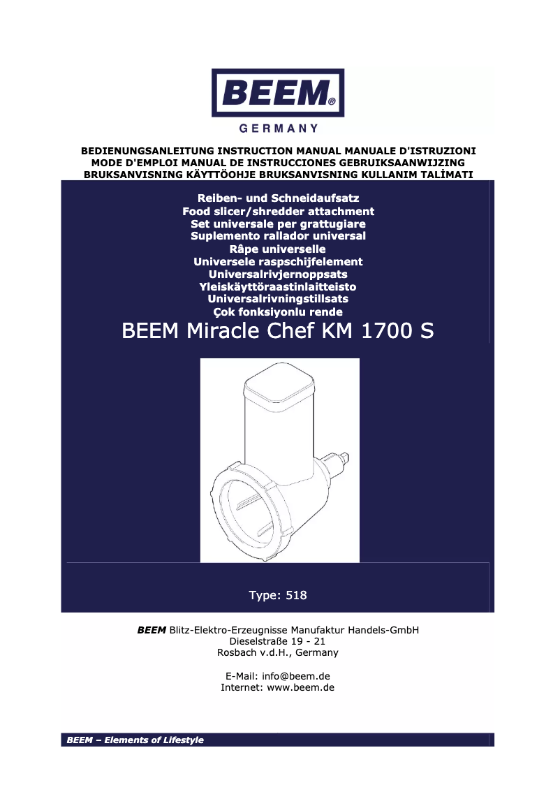Page n°1 - Manuel utilisateur BEEM Miracle Chef KM 1700 S