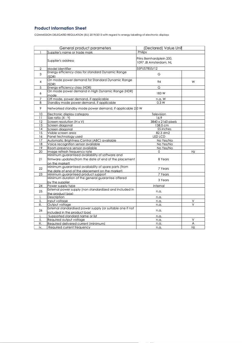 Page 1 de la notice Fiche technique Philips 55PUS7855
