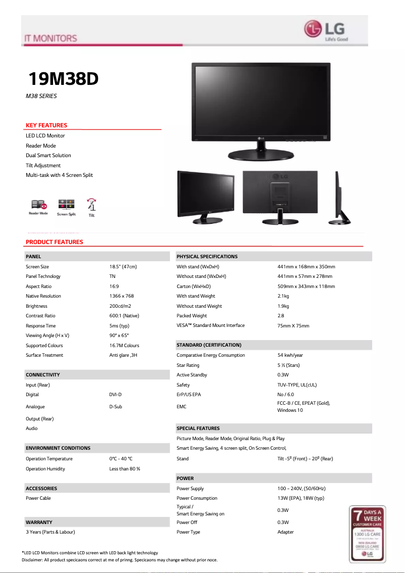 Página 1 del manual Ficha técnica LG 19M38D-B