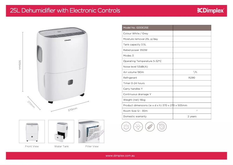 Page 1 de la notice Fiche technique Dimplex GDDE25E