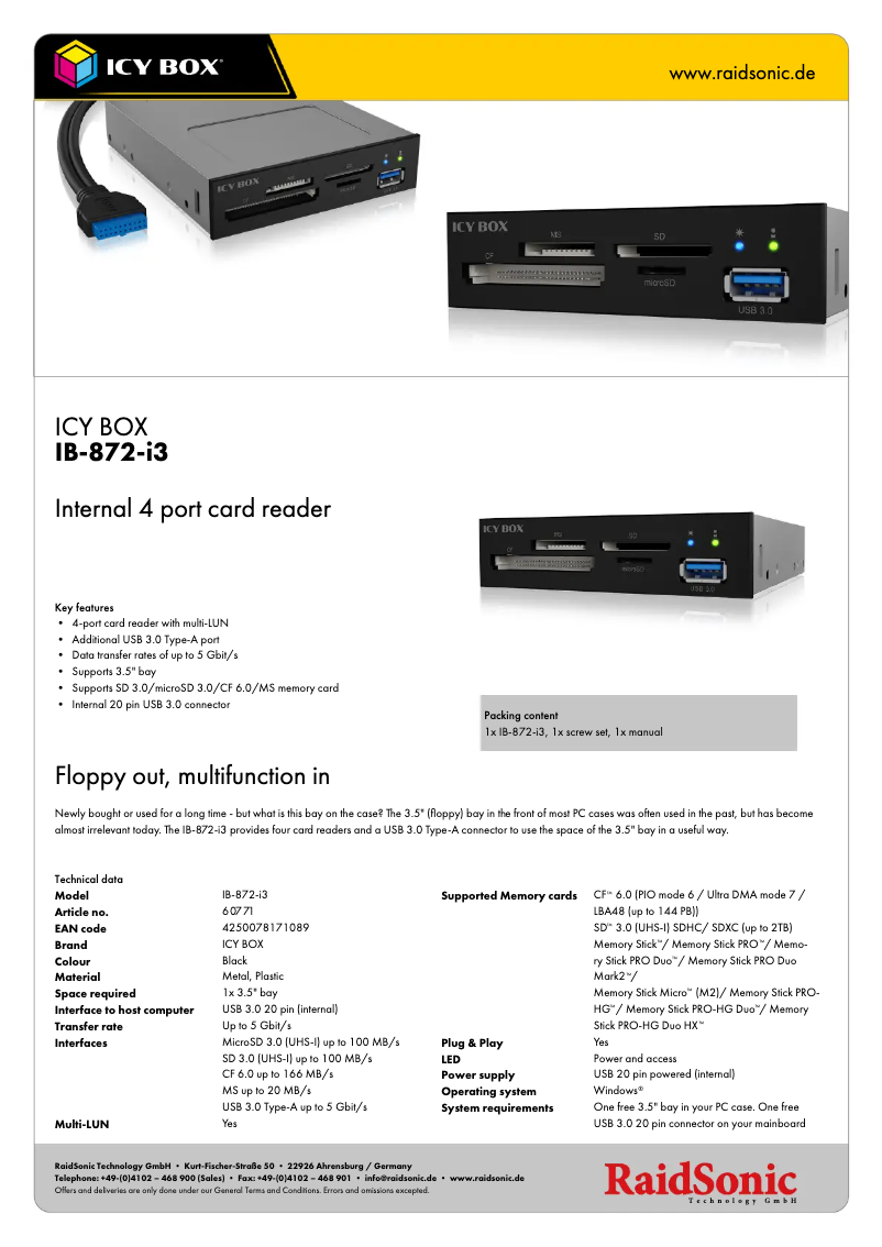 Página 1 del manual Ficha técnica Icy Box IB-872-i3