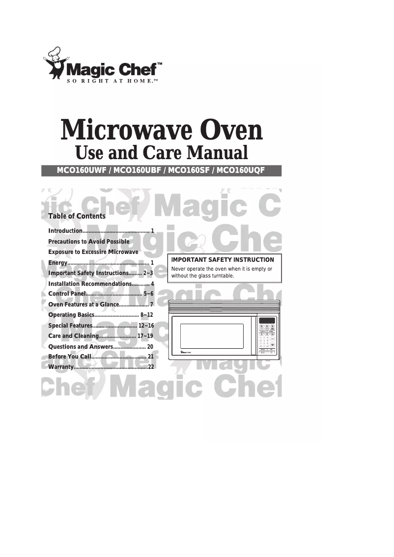 Page 1 de la notice Manuel utilisateur Magic Chef MCO160UWF