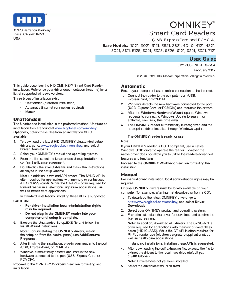 Page 1 de la notice Manuel utilisateur HID Identity 5325 CL USB