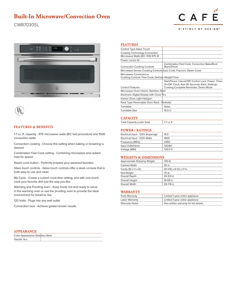 Page n°1 - Fiche technique GE Café CWB7030SLSS