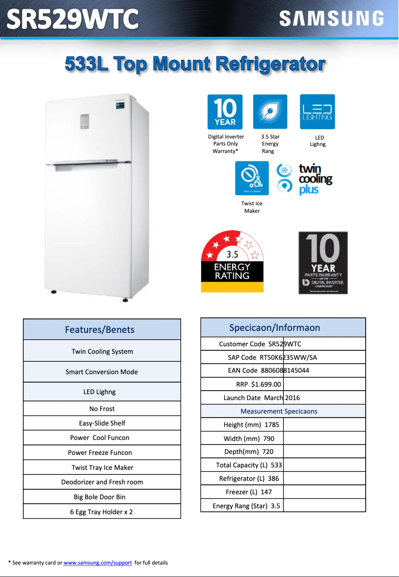 Page 1 de la notice Fiche technique Samsung SR529WTC