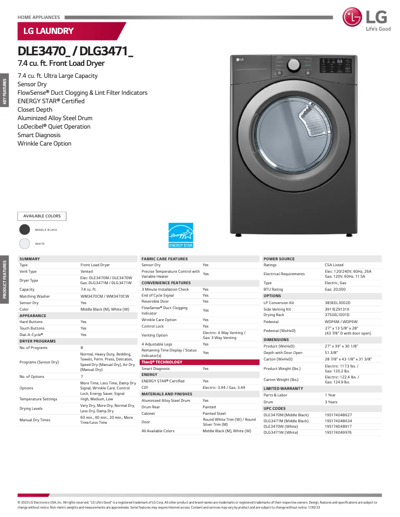 Page 1 de la notice Fiche technique LG DLE3470W