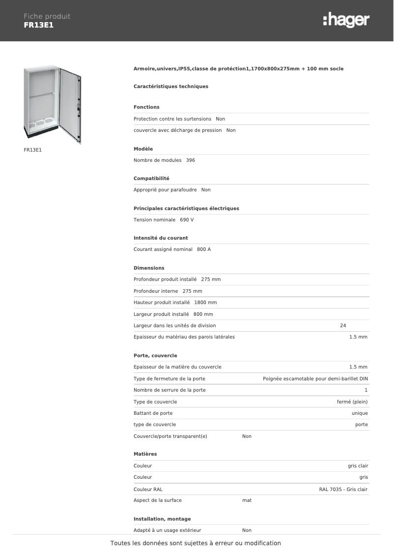 Page 1 de la notice Fiche technique Hager FR13E1