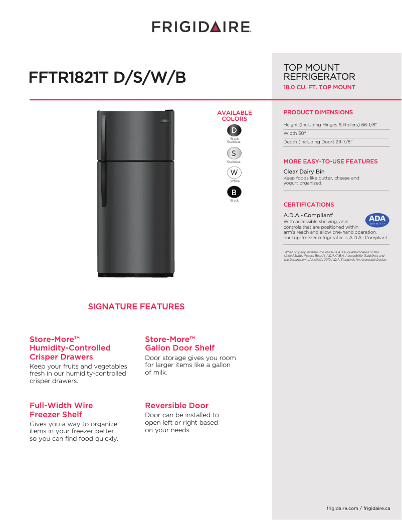 Page 1 de la notice Fiche technique Frigidaire FFTR1821T