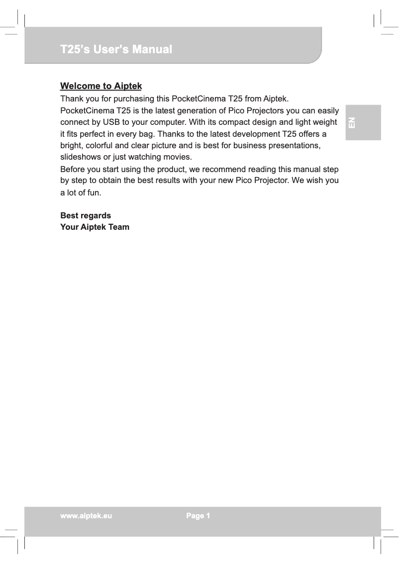 Page 1 de la notice Manuel utilisateur Aiptek Pocket Cinema T25
