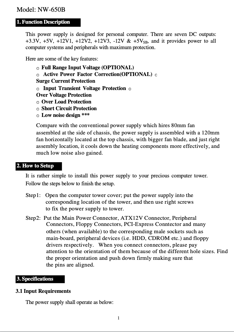 Page n°1 - Manuel utilisateur CoolMax NW-650B