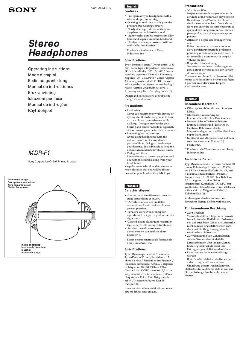 Page 1 de la notice Manuel utilisateur Sony MDR-F1