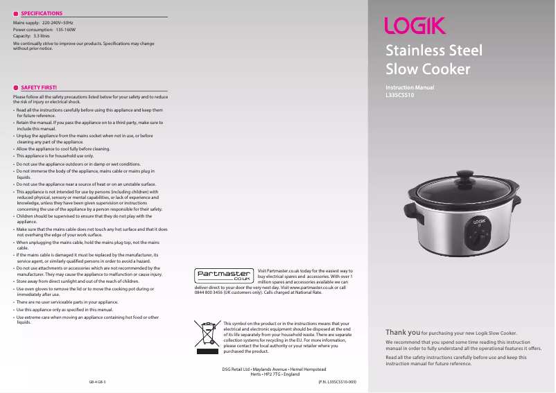 Page 1 de la notice Manuel utilisateur Logik L33SCSS10