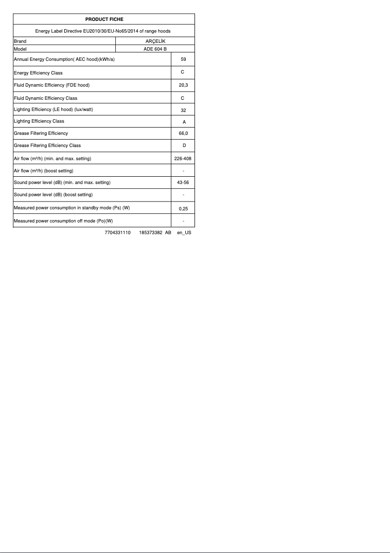 Page 1 de la notice Fiche technique Arçelik ADE 604 B