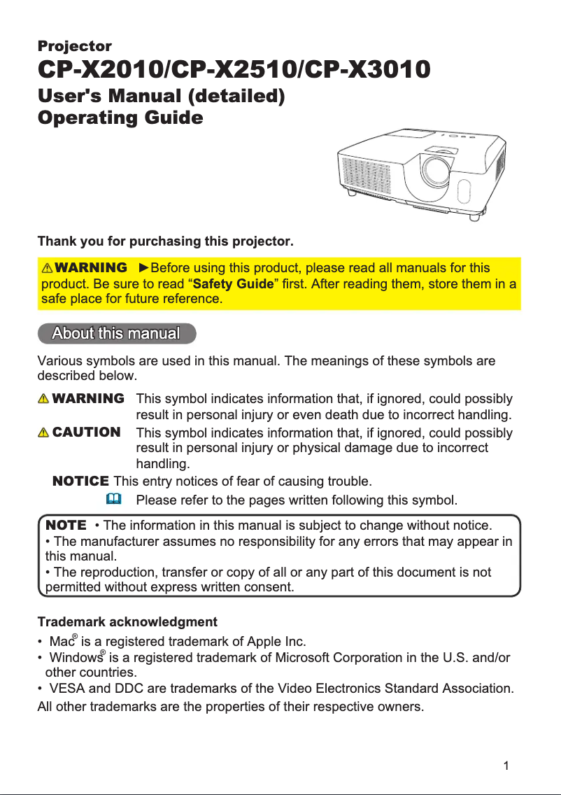Page 1 de la notice Manuel utilisateur Hitachi CP-X2010