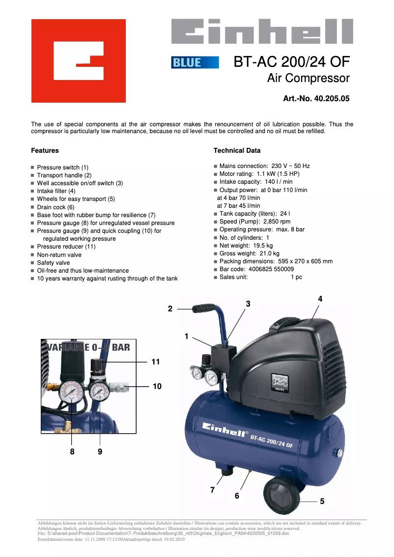 Page 1 de la notice Fiche technique Einhell BT-AC 200/24 OF