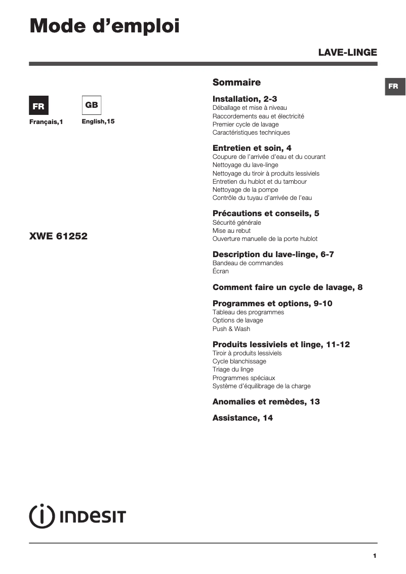 Image de la première page du manuel de l'appareil XWE 61252