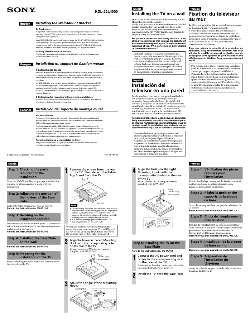 Page 1 de la notice Manuel utilisateur Sony Bravia KDL-22L4000
