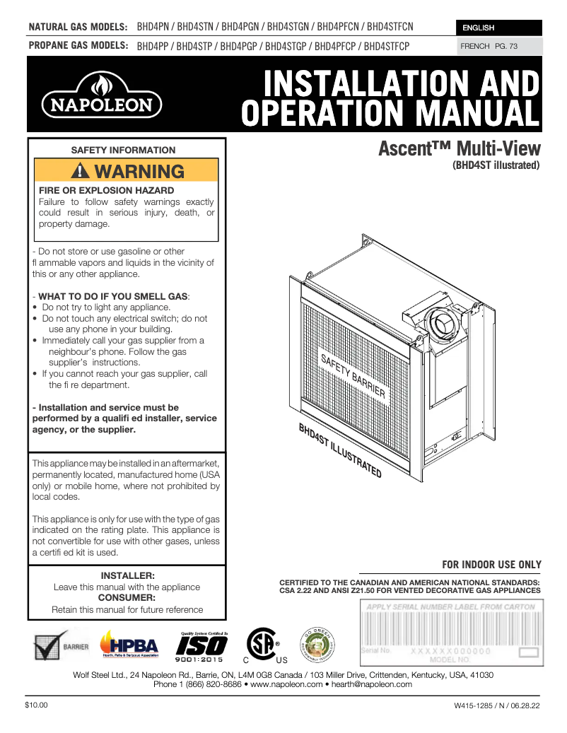 Page n°1 - Manuel utilisateur Napoleon Ascent Multi-View BHD4PN
