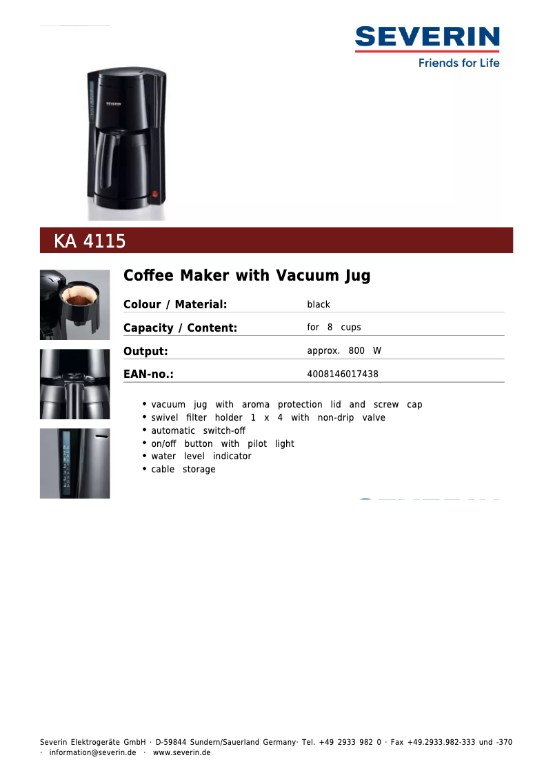 Page 1 de la notice Fiche technique Severin KA 4115