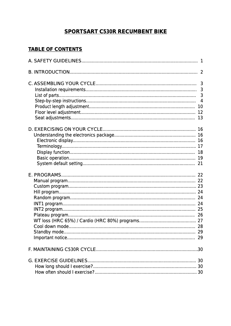 Page n°1 - Manuel utilisateur SportsArt C530R