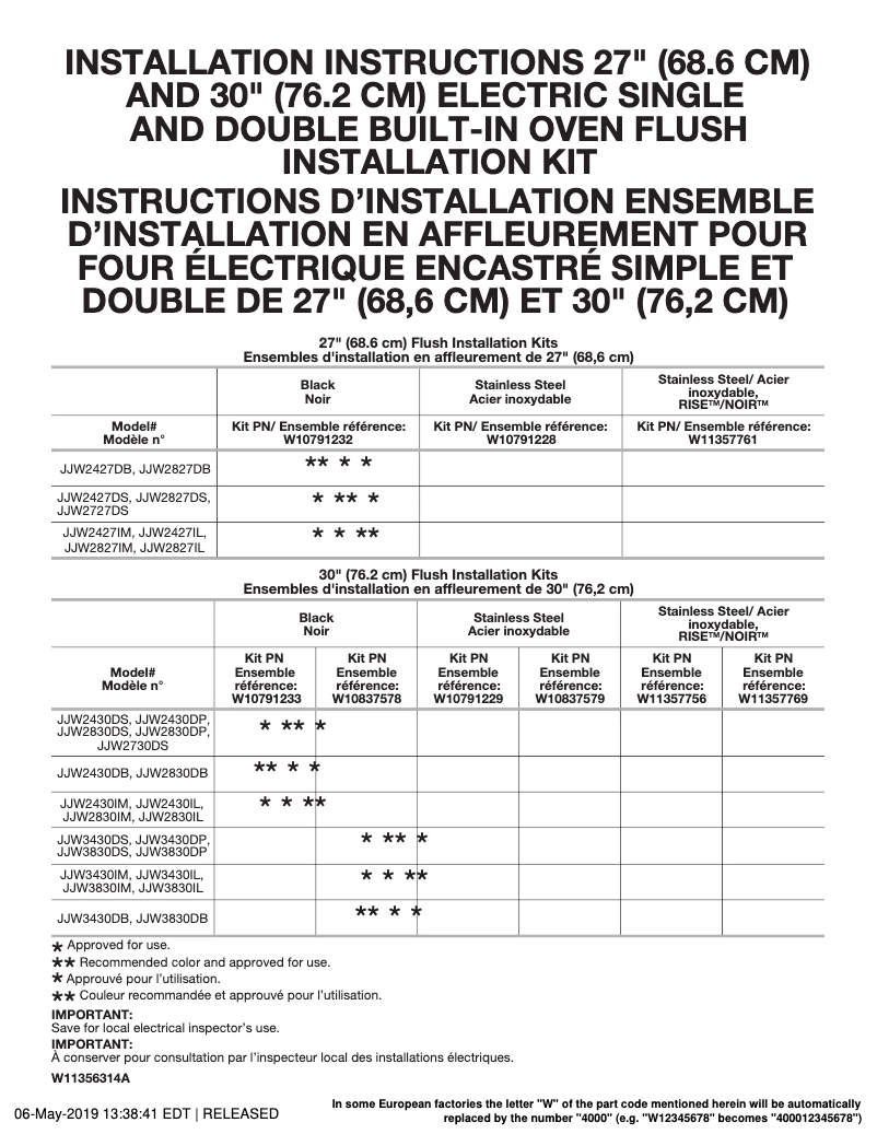 Page 1 de la notice Guide d'installation JennAir JJW3430LL