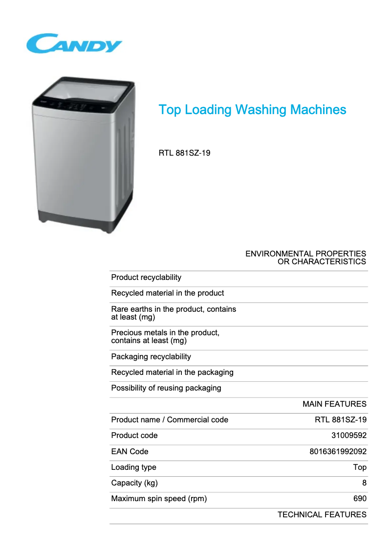 Page 1 de la notice Fiche technique Candy RTL 881SZ-19