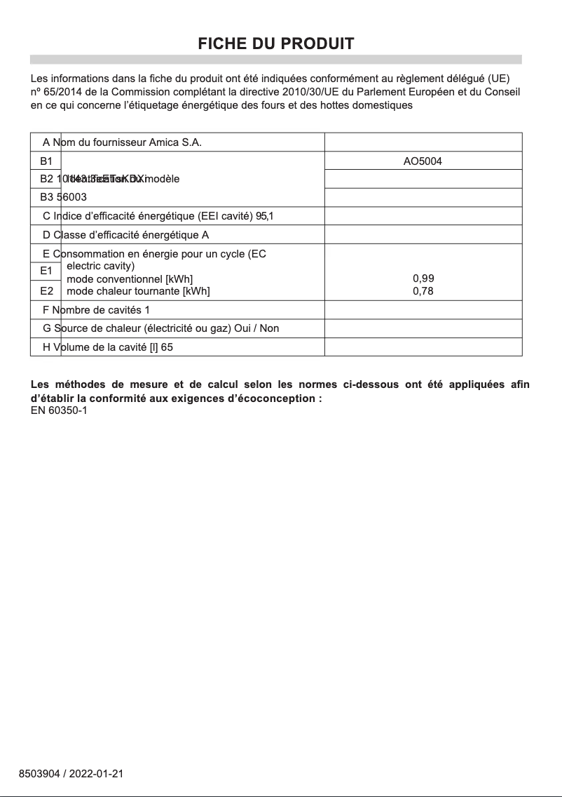 Página 1 del manual Ficha técnica Amica AO5004
