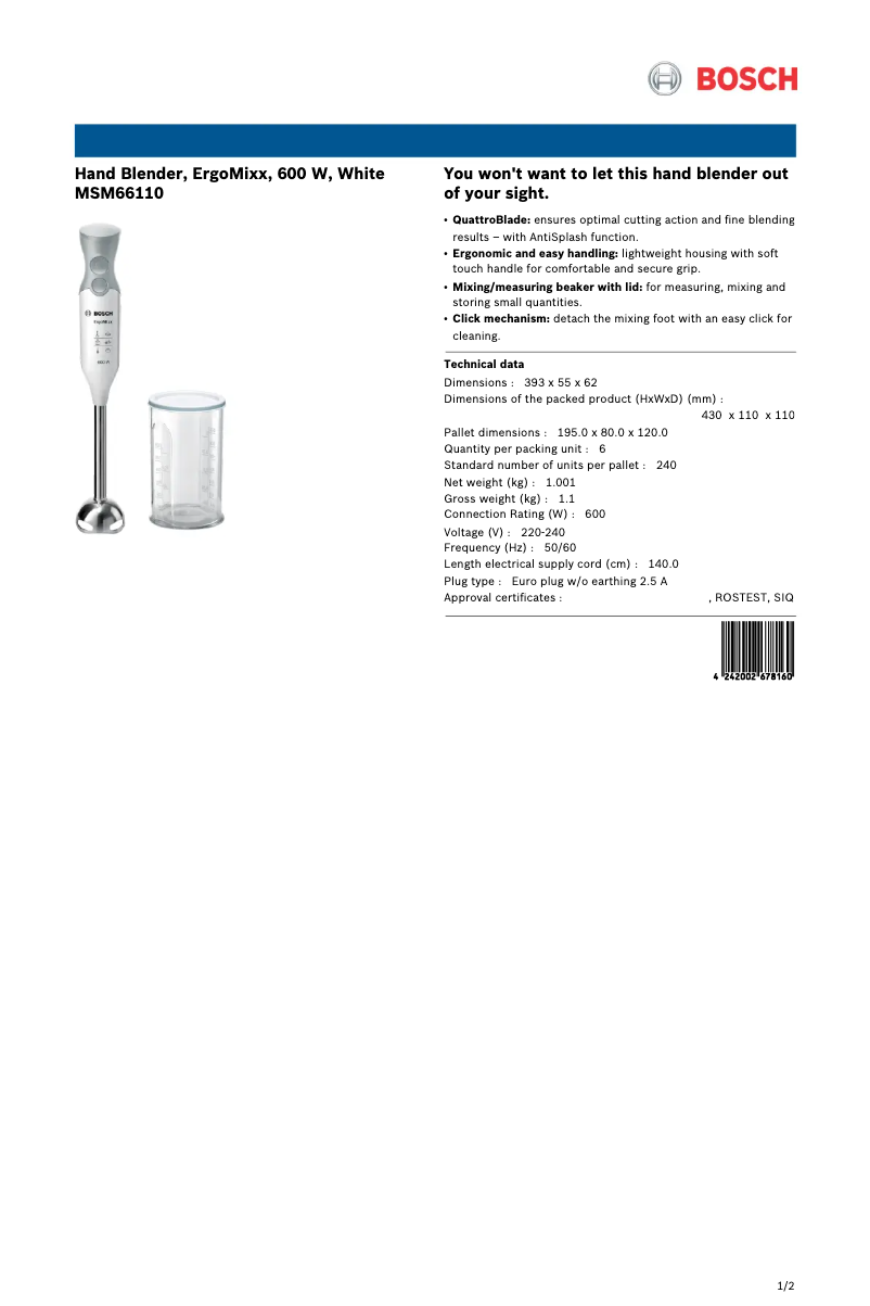 Page 1 de la notice Fiche technique Bosch ErgoMixx MSM66110