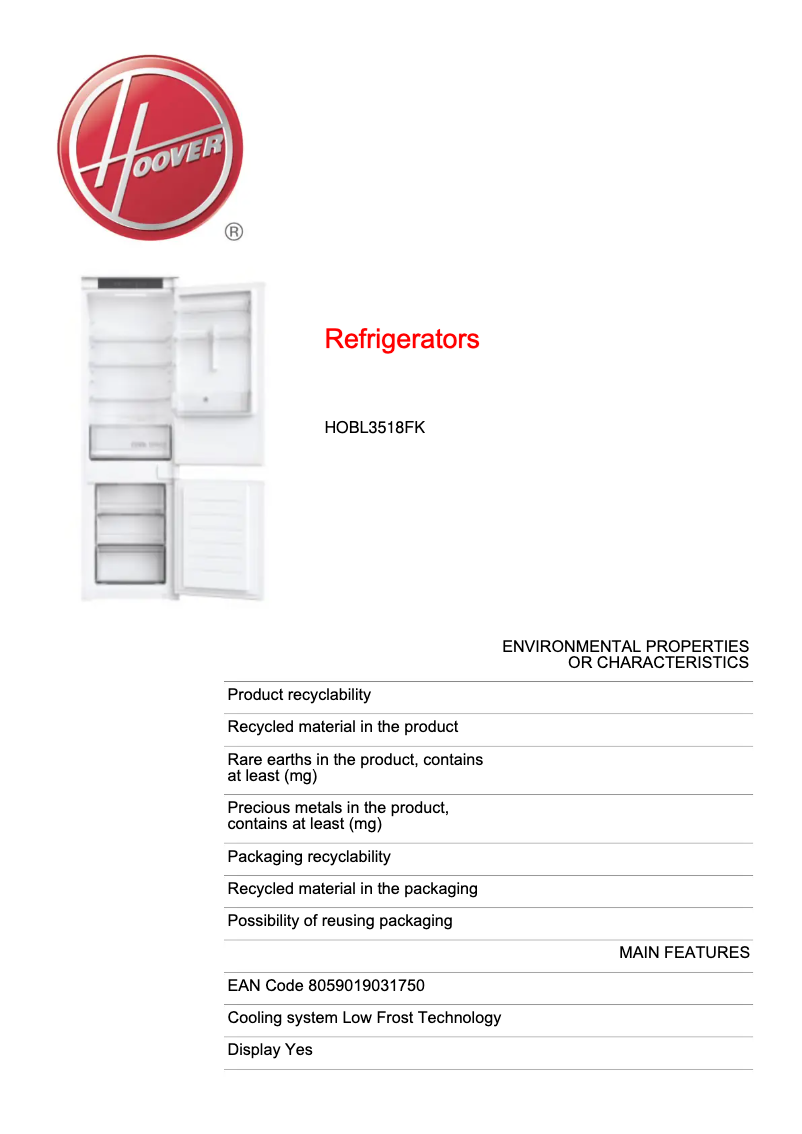 Página 1 del manual Ficha técnica Hoover HOBL3518FK