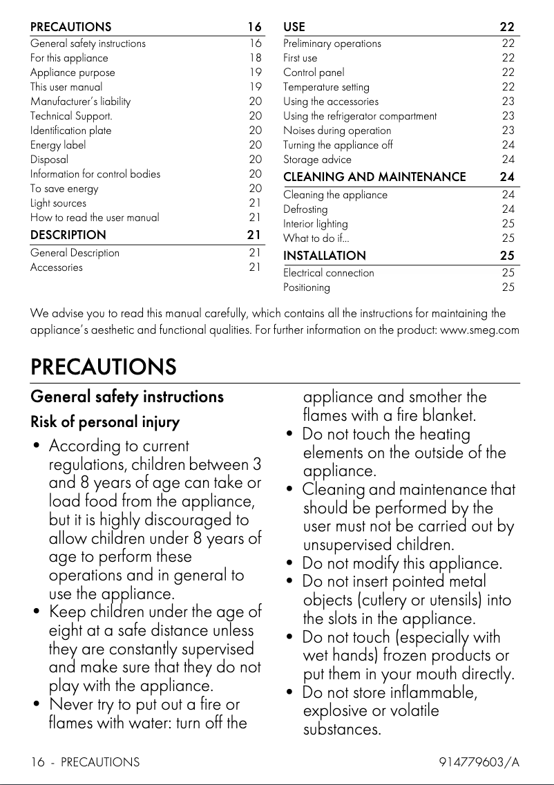 Page 1 de la notice Manuel utilisateur Smeg FAB10HRPG5