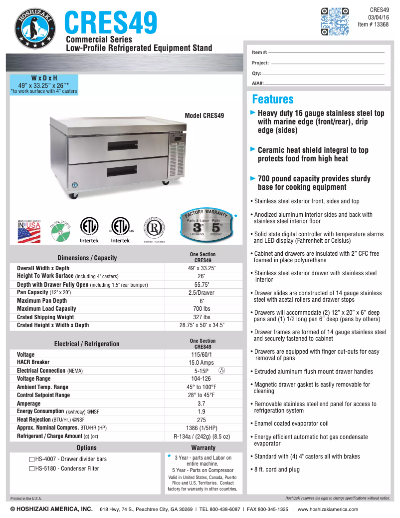 Page 1 of the manual Technical Sheet Hoshizaki Commercial CRES49