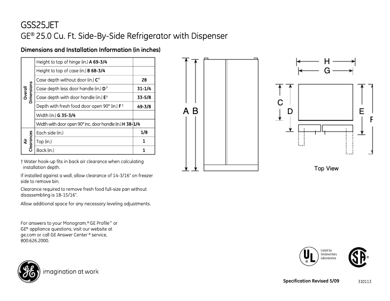 Page n°1 - Fiche technique GE GSS25JETWW