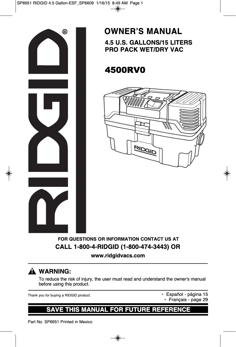 Página 1 del manual Manual de usuario Ridgid ProPack 4500RV