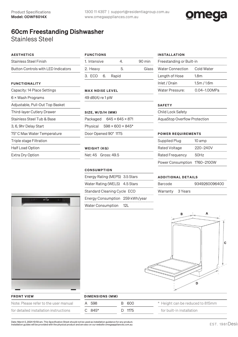 Page n°1 - Fiche technique Omega ODWF6014X