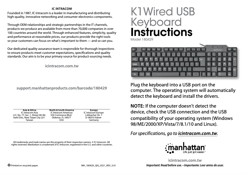 Page 1 de la notice Manuel utilisateur Manhattan 180429