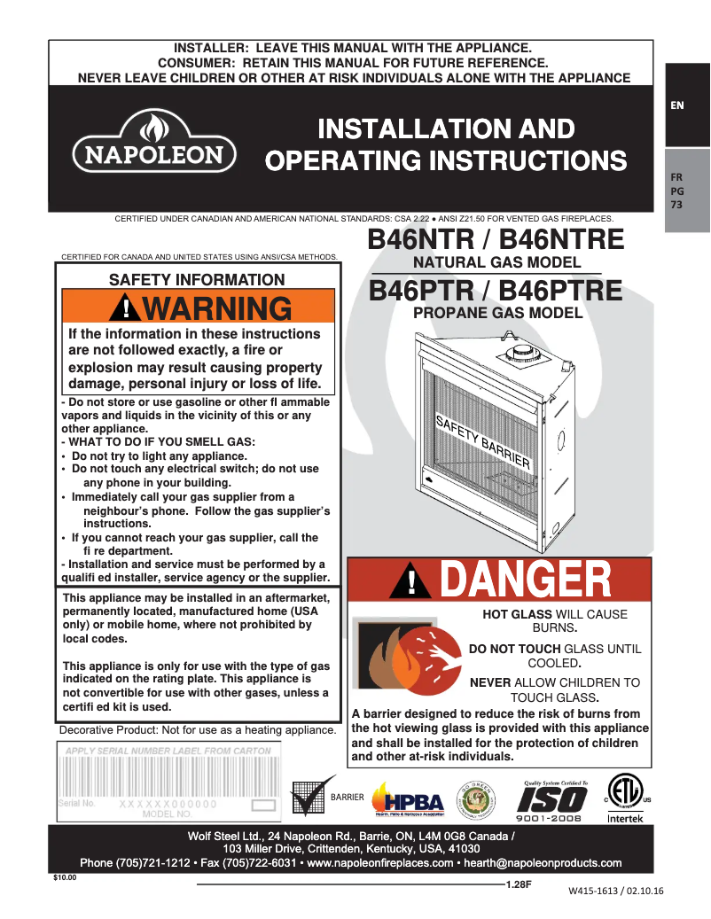 Page 1 de la notice Manuel utilisateur Napoleon Ascent B46NTRE