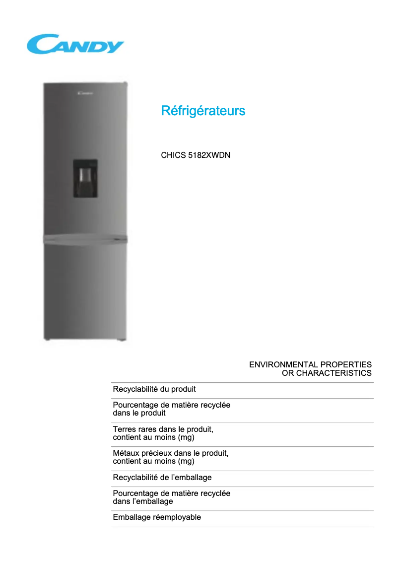 Page 1 de la notice Fiche technique Candy CHICS 5182XWDN