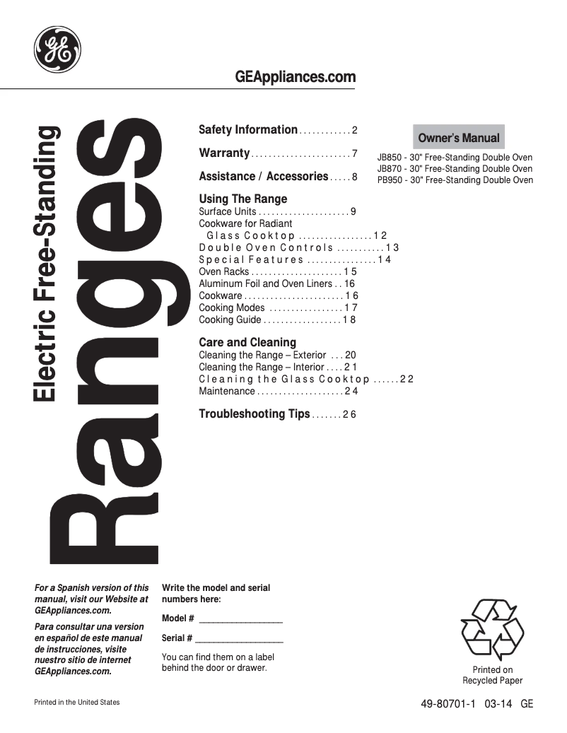 Page 1 de la notice Mode d'emploi GE JB870TFWW