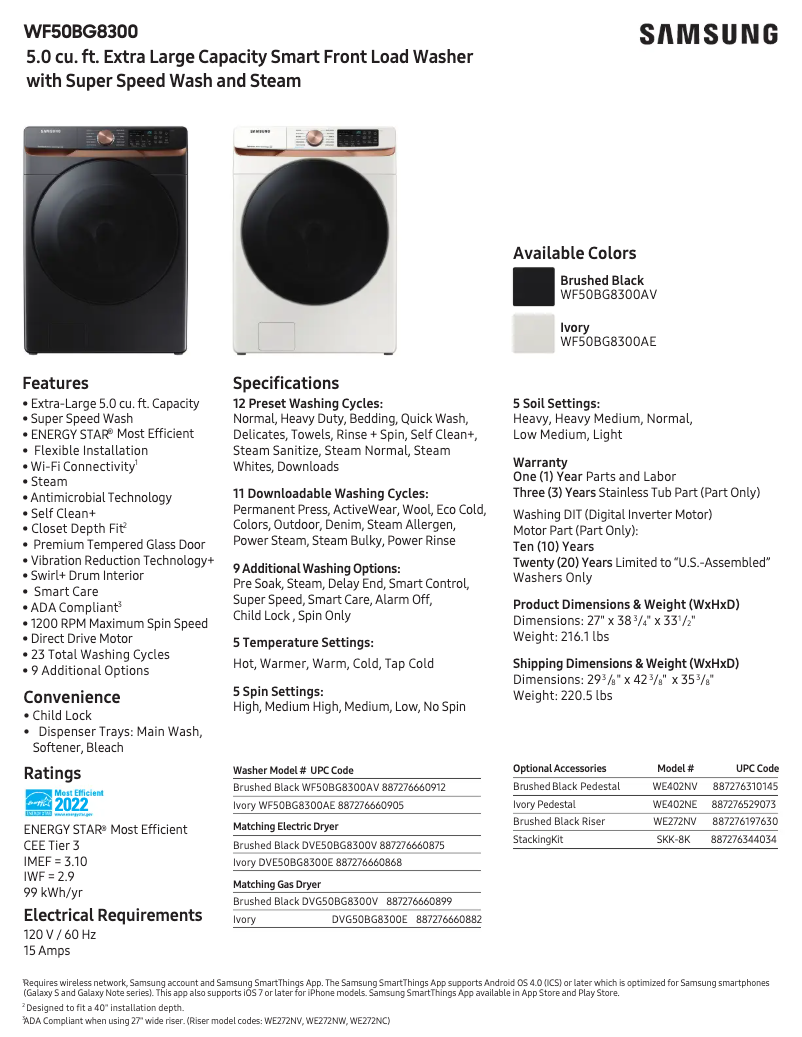 Page 1 de la notice Fiche technique Samsung WF50BG8300AV