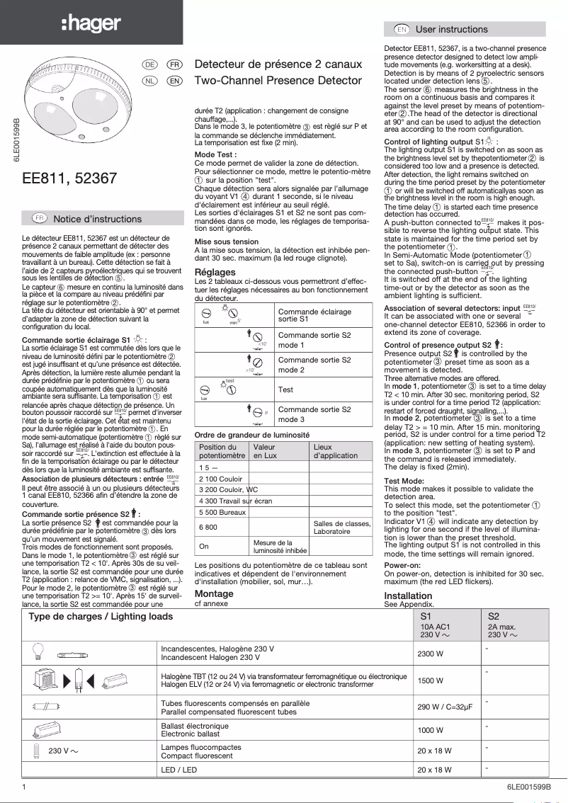 Page 1 de la notice Manuel utilisateur Hager 52367