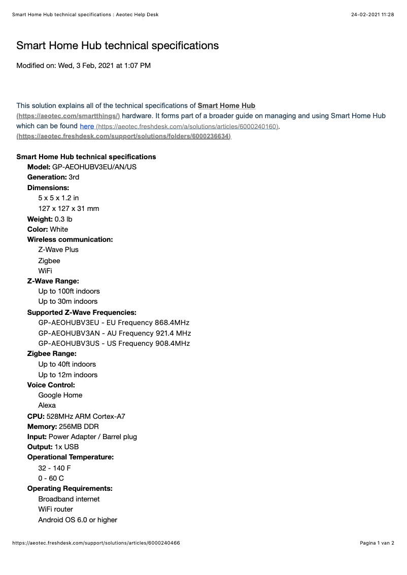 Page 1 de la notice Manuel utilisateur Aeotec SmartThings Hub V3