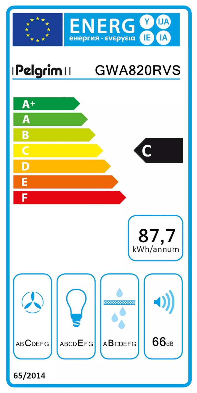 Page 1 de la notice Label énergétique Pelgrim GWA820RVS