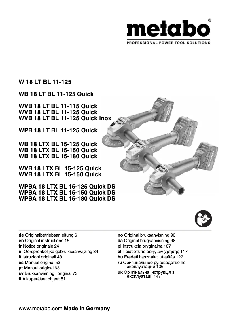 Page 1 de la notice Manuel utilisateur Metabo WB 18 LTX BL 15-150 Quick