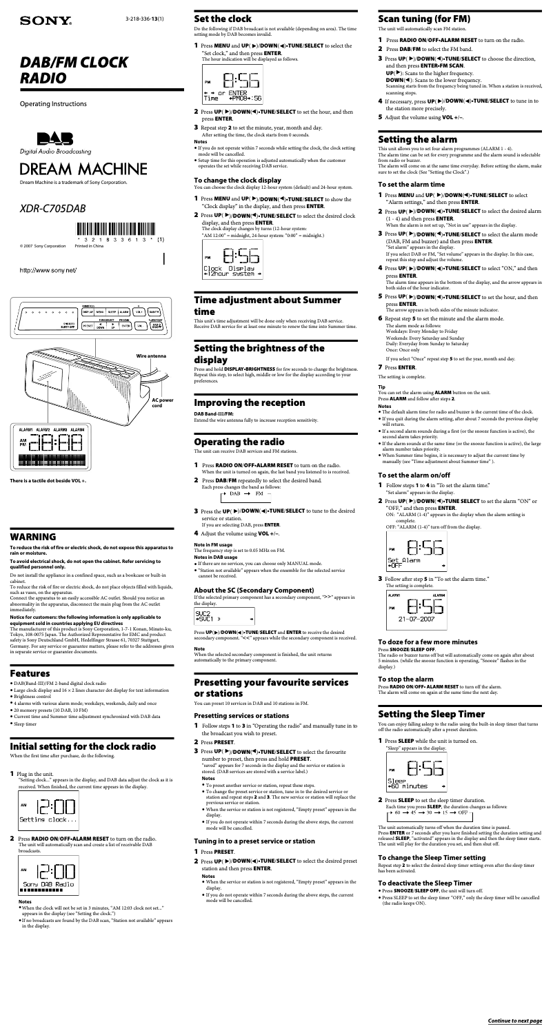 Page n°1 - Manuel utilisateur Sony XDR-C705DAB