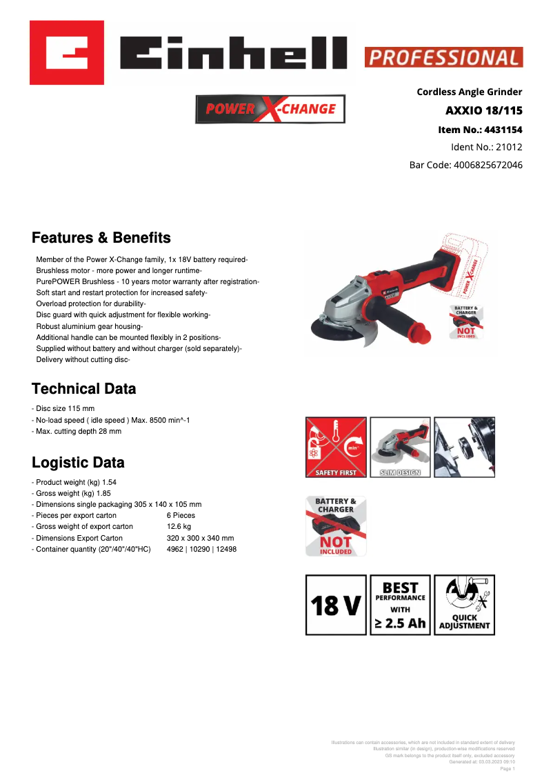 Page 1 de la notice Fiche technique Einhell AXXIO 18/115