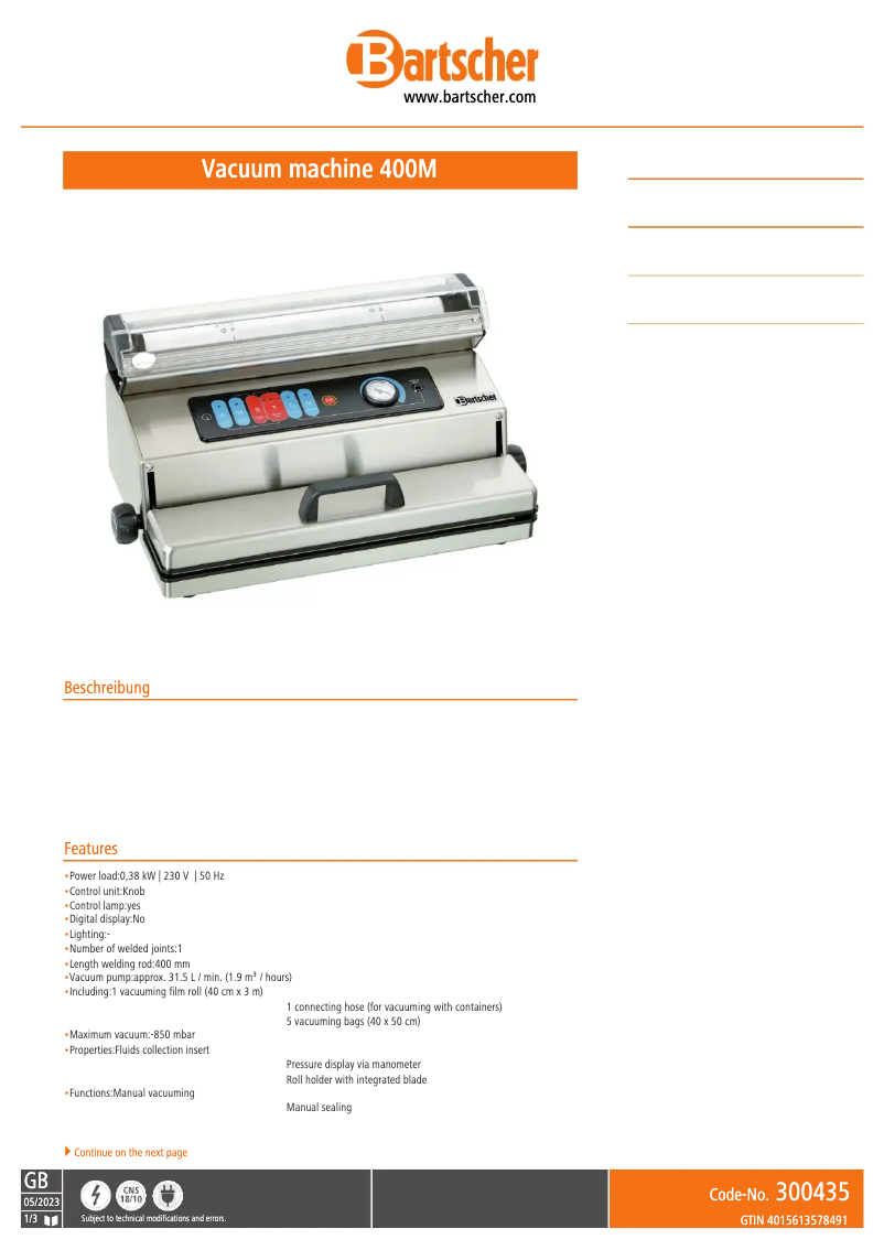 Page n°1 - Fiche technique Bartscher 300435