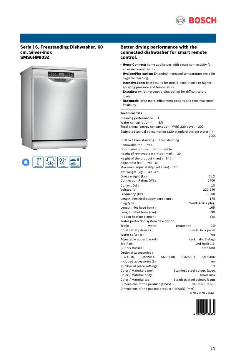 Page n°1 - Fiche technique Bosch SMS6HMI03Z